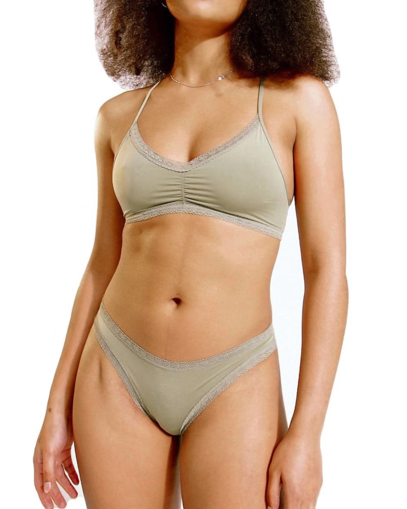 Front of a model wearing a size XL Pretty Little Panty Thong Tanga in Khaki in Khaki by Blush Lingerie. | dia_product_style_image_id:345177